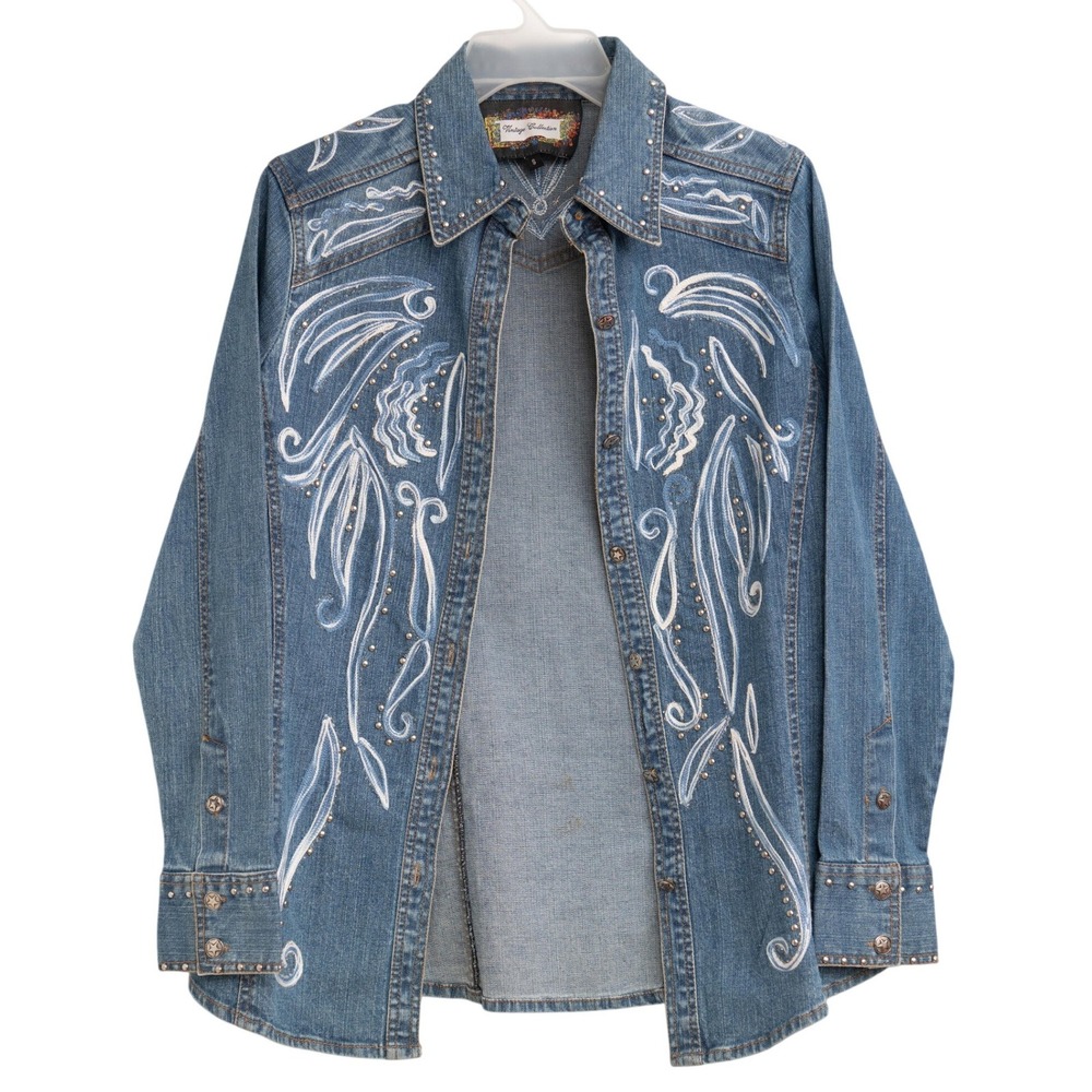VTG Western Denim Shacket Sz S Cute Cowgirl Boho Embroidered Studded Festival